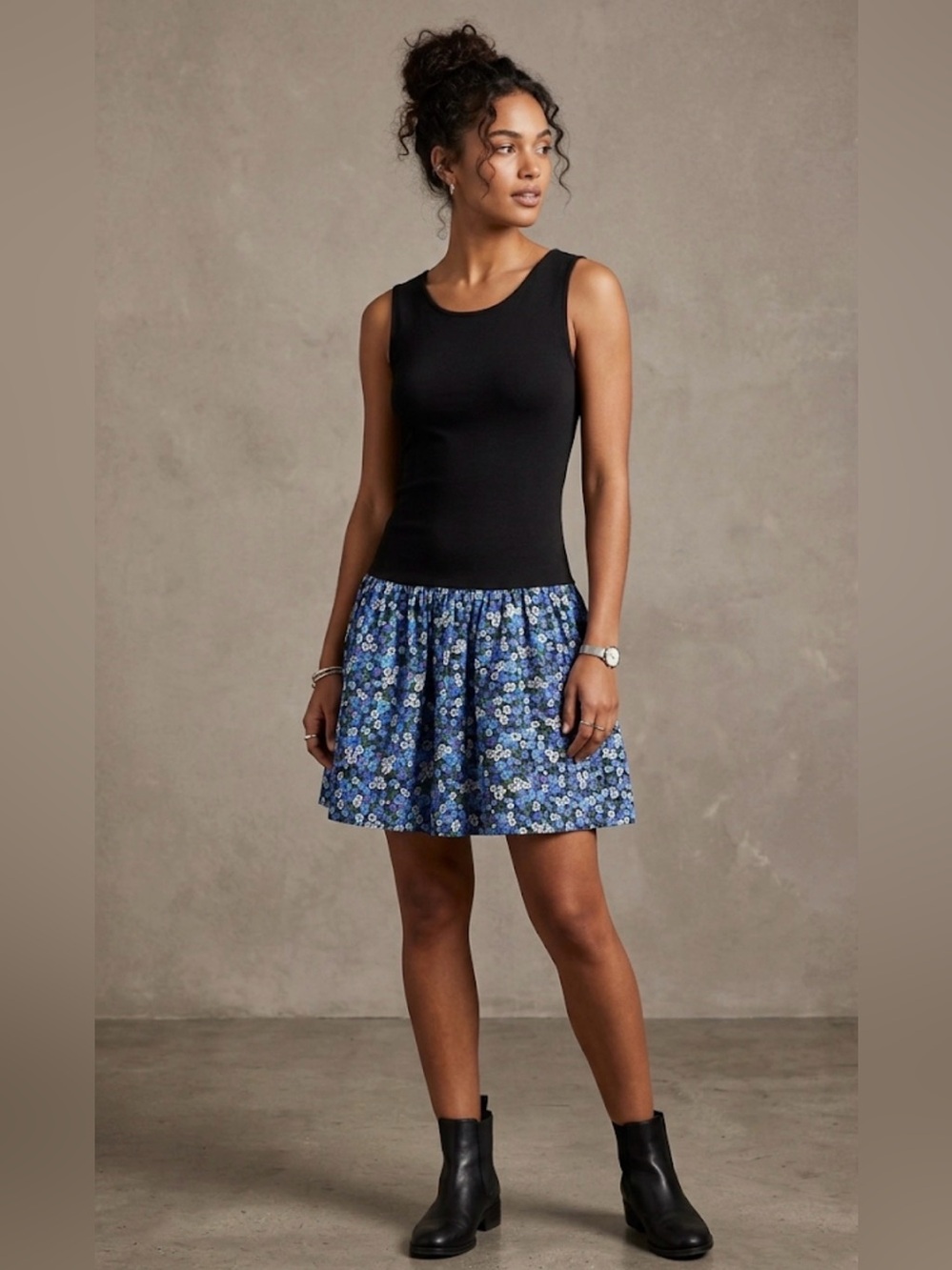 YES Clothing Dropped Waist Blue Floral Dress